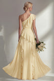 Light Pink One Shoulder Ruffled Long Bridesmaid Dress with Slit