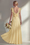 A Line Round Neck Ruffled Dusty Blue Long Bridesmaid Dress