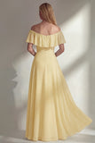 A Line Burgundy Ruffed Off the Shoulder Long Bridesmaid Dress with Slit