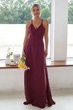 Burgundy A Line Long Bridesmaid Dress With Slit