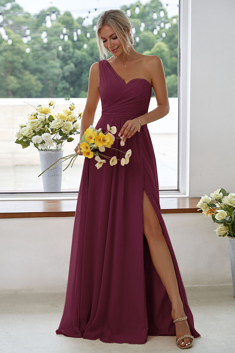 Chiffon Dresses One Shoulder Burgundy Bridesmaid Dresses Chiffon