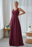 Silver A Line Chiffon Long Bridesmaid Dress With Pockets