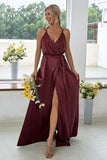 Dark Green Backless V-Neck Long Bridesmaid Dress With Side Slit