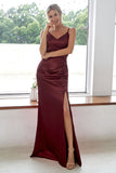 Burgundy Sheath V Neck Satin Long Bridesmaid Dress With Split