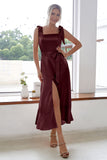 Champagne Square Neck Short Bridesmaid Dress With Slit