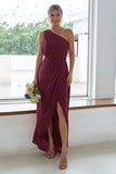 Rust One Shoulder Satin Long Asymmetrical Bridesmaid Dress
