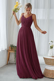 Mint Green A Line V Neck Long Pleated Bridesmaid Dress