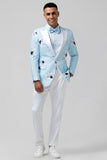 2 Piece Light Blue Men Suits with Pattern