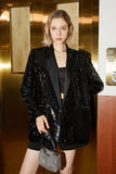 Sparkly Black Sequins Longline Oversized Prom Blazer For Women