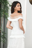 White Tiered Long Boho Engagement Party Dress with Lace