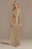 Glitter Navy Mother of the Bride Dress with Long Sleeves