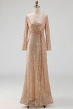 Glitter Navy Mother of the Bride Dress with Long Sleeves