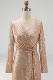 Glitter Navy Mother of the Bride Dress with Long Sleeves