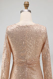 Glitter Navy Mother of the Bride Dress with Long Sleeves