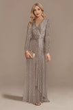 Leely Women Glitter Grey Mother of the Bride Dress with Long Sleeves Wedding Guest Dress