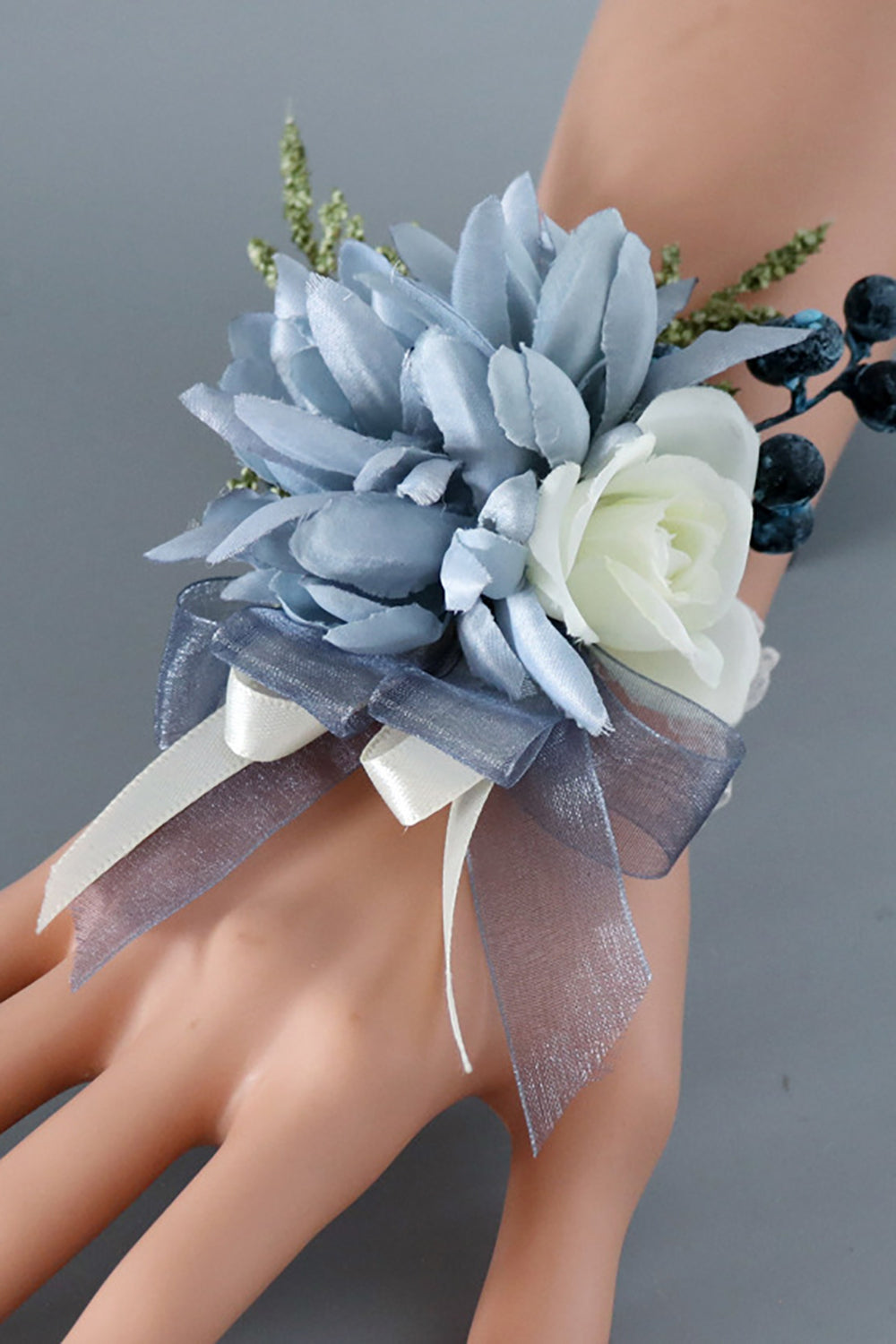 Leely Grey Blue Wrist Corsage and Men Boutonniere Set for Prom