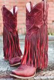 Dark Red Fringed Ankle Cowgirl Boots