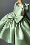 Leely Women Green A-Line Round Neck Satin Flower Girl Dress with Bow