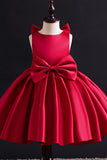 Leely Women Red A-Line Round Neck Satin Flower Girl Dress with Bow