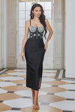 Sparkly Black Beaded Sheath Little Black Dress with Slit
