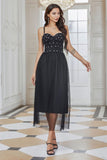 Sparkly Pleated Tulle Little Black Dress with Fringes