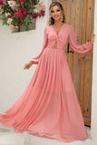 Blush A-Line Long Sleeves V Neck Long Formal Dress