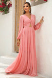 Blush A-Line Long Sleeves V Neck Long Formal Dress