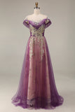 Sparkly Purple A-Line Tulle Long Prom Dress