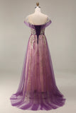 Sparkly Purple A-Line Tulle Long Prom Dress