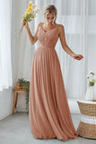 Mint Green A Line V Neck Long Pleated Bridesmaid Dress