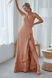 Slate Blue A Line Ruffles Long Bridesmaid Dress With Split
