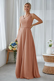 Silver A Line Chiffon Long Bridesmaid Dress With Pockets