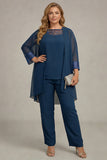 Navy Long Plus Size Sleeves 3 Pieces Mother of the Bride Pant Suits