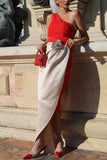 Red One Shoulder Sheath Long Cocktail Dress with Flower