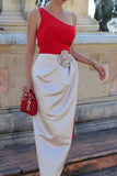 Red One Shoulder Sheath Long Cocktail Dress with Flower