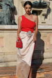 Red One Shoulder Sheath Long Cocktail Dress with Flower