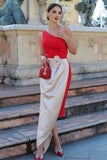 Red One Shoulder Sheath Long Cocktail Dress with Flower