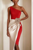 Red One Shoulder Sheath Long Cocktail Dress with Flower