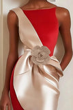 Red Boat Neck Sheath Long Evening Dress with Flower