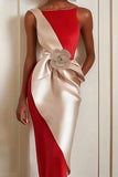 Red Boat Neck Sheath Long Evening Dress with Flower