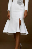White Notched Lapel Mermaid Midi Blazer Dress with Flower