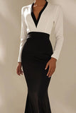 White and Black V Neck Mermaid Long Formal Dress with Sleeves