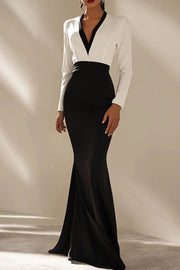 White and Black V Neck Mermaid Long Formal Dress with Sleeves