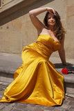 Yellow Sweetheart Ruched Mermaid Long Formal Dress