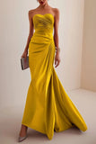 Yellow Sweetheart Ruched Mermaid Long Formal Dress