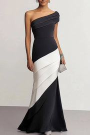 Black and White One Shoulder Mermaid Long Formal Dress