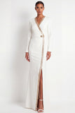 Beige Mermaid V Neck Long Formal Dress with Slit