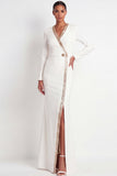 Beige Mermaid V Neck Long Formal Dress with Slit