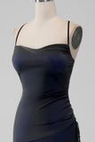 Black Blue Mermaid Spaghetti Straps Long Bridesmaid Dress with Slit