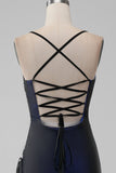 Black Blue Mermaid Spaghetti Straps Long Bridesmaid Dress with Slit